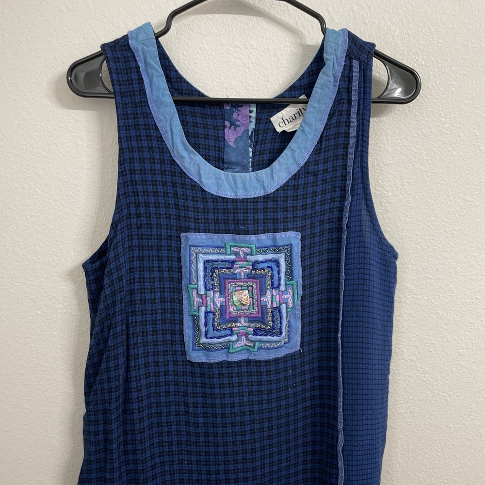 Vintage Charity Women's Dress Blue Plaid Mosaic Dress‎ Size XL